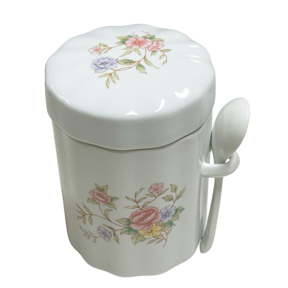 Vintage FTD White Floral Ceramic Sugar Coffee Tea Canister Jar with Spoon & Lid
